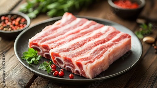 Raw meat preparation scene with pork belly slabs centered on plate, woodgrain table surface, emphasizing freshness and detail