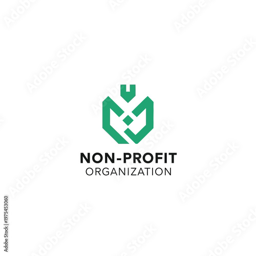 Geometric green hexagon logo for nonprofit organization with minimalist symbols.