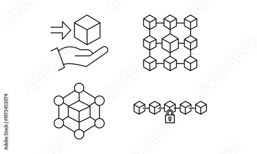 Blockchain technology icons showing data block chain encryption network nodes and secure ledger system.Editable stroke, Vector illustration, Line art Icon, Symbols.