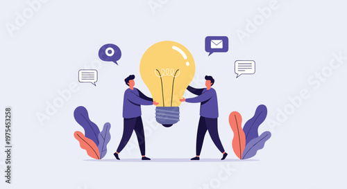 Two people in purple shirts work together to carry a massive glowing lightbulb representing the power of a shared innovative idea.