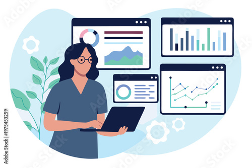 Woman analyzing data on laptop with surrounding analytical dashboards