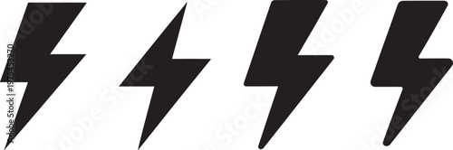 Four black lightning bolt of varying widths and point sharpness arranged in a row on a white background Keywords: lightning, bolt, electricity