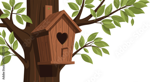 Wooden birdhouse with a charming heart shaped opening is mounted on a thick tree branch covered in many green leaves.