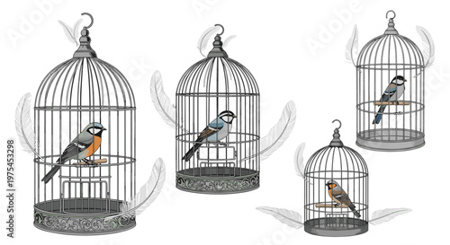 Four elegant vintage birdcages of different sizes contain small birds and are surrounded by floating white feathers.