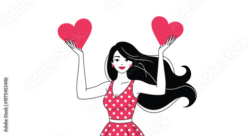 Beautiful woman with long dark hair and a polka dot dress holds up two large pink hearts in a romantic and festive pose.