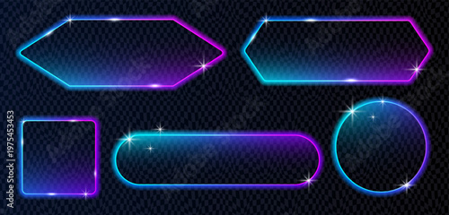 Bright rectangles and pills with vibrant neon effects. Neon call to action set for modern interface and banner design.