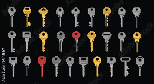Extensive grid of various door and padlock keys in silver gold and red colors is presented against a solid black background.
