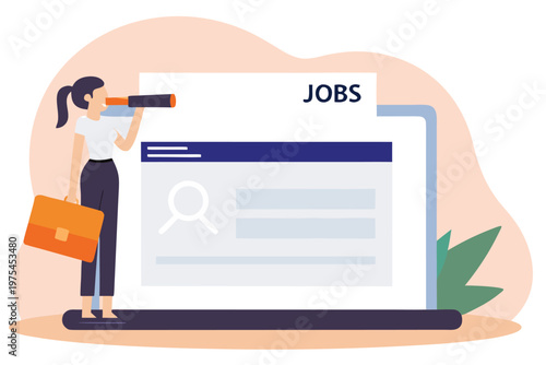 Woman searching for job opportunities using a laptop and telescope