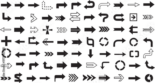 Title collection of black arrows directional indicators and symbols in a dense arrangement description a large collection of various black arrow symbols