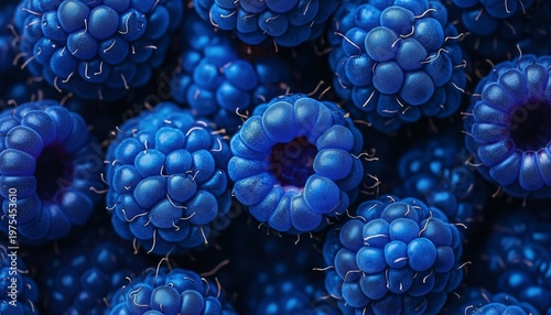 A vibrant and colorful close-up of a cluster of fresh blueberries with dew drops on their surface