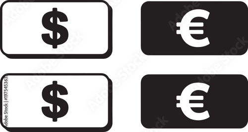 Four currency two dollar signs on white backgrounds and two euro symbols on black backgrounds arranged in a two by two grid Keywords: currency