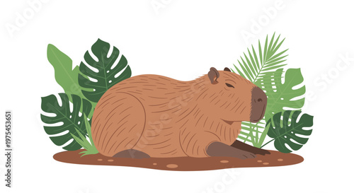 Large brown capybara rests peacefully on the ground surrounded by a variety of lush tropical green leaves and palm fronds.
