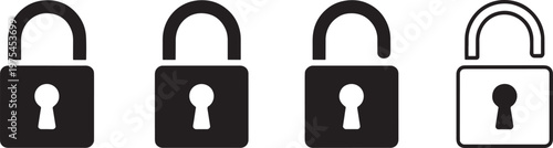 Four different black and white padlock showing locked and unlocked states with keyholes and shackle variations on a white background