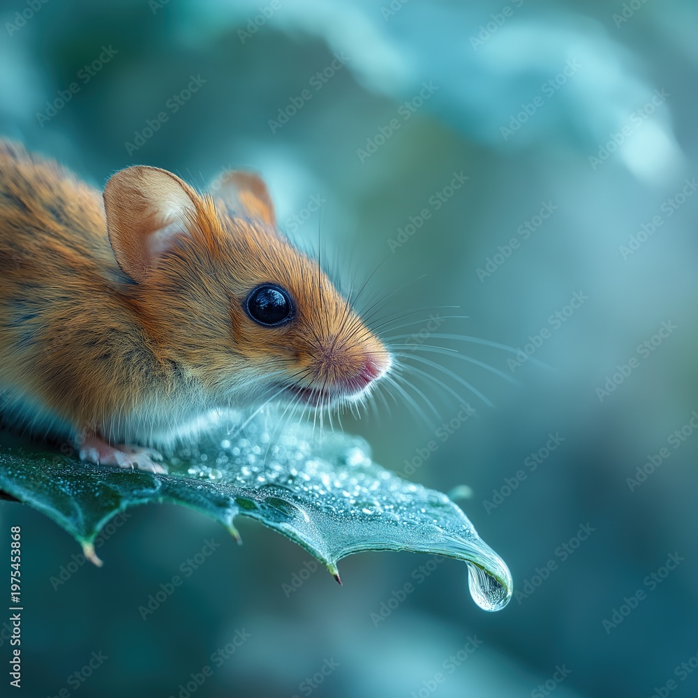 Obraz premium Cute Mouse on a Leaf with Dew