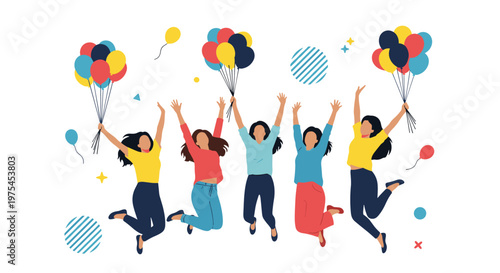 Group of joyful young women jumping together in celebration while holding vibrant colorful balloons on a white background.