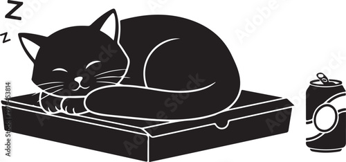 A black cat sleeping on a mattress next to a camera Vector, illustration