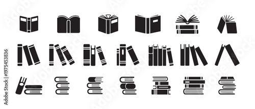 Bookshelf icons collection featuring standing and stacked volumes in minimalist monochrome layout