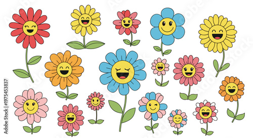 Large set of colorful and cute cartoon flowers with various happy smiling facial expressions isolated on a white background.