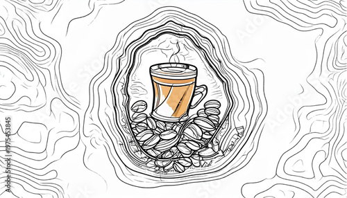 Coffee cup surrounded by coffee beans, artistic illustration, detailed drawing.