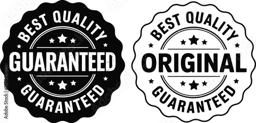 Best quality original guaranteed stamp vector icon set, black circular labels for product packaging and premium branding, high quality professional detailed vector illustration.