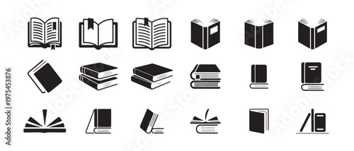 Open textbook icons and book stand silhouettes for education web design and mobile application ui