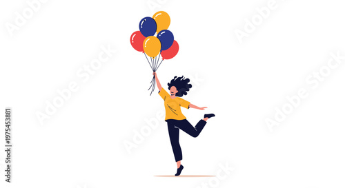 Happy young woman jumping high in the air while holding a large bunch of colorful balloons isolated on white background.