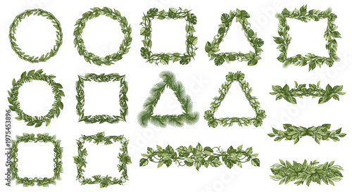 Variety of decorative frames and borders crafted from lush green tropical leaves in geometric shapes on a white background.
