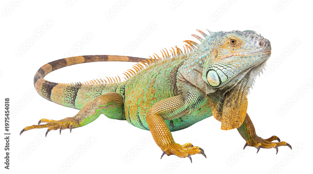 Fototapeta premium Vibrant green iguana showcasing intricate scales, a spiky crest, and alert eyes, isolated on a transparent background.