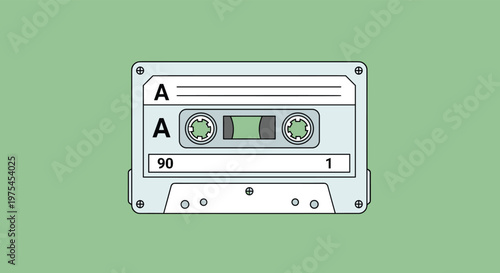 Retro light blue audio cassette tape centered on a solid green background representing vintage musical nostalgia.