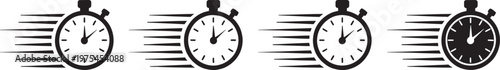 Four stopwatch in black and white with motion lines indicating speed and time passing representing urgency and quickness in a format