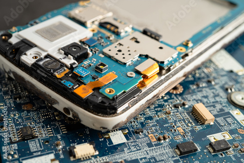 Fotografie Repairing and upgrade circuit mainboard of notebook, electronic, computer hardware and technology