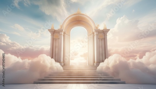 A serene and beautiful staircase leads to a majestic archway in the clouds with a vibrant sunny sky