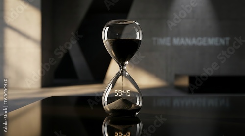 Dramatic illustration of an hourglass symbolizing crucial time management, urgency, and the relentless passage of moments in a modern, conceptual setting