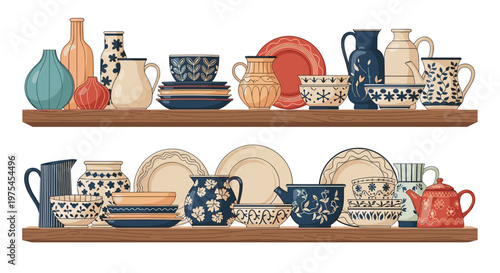 Two wooden kitchen shelves filled with a collection of beautiful decorative ceramic plates, bowls, pitchers, and vases.
