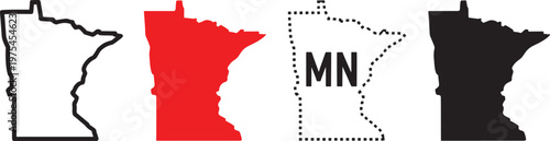 Minnesota State Outline Variations Including Solid Red Black and Dotted Outline with MN Initials on White Background
