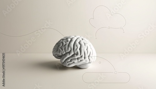 A white brain model with thought bubbles drawn around it on a plain background