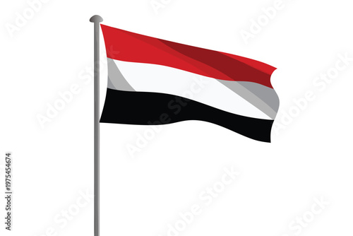 Waving flag of yemen with horizontal red white and black stripes