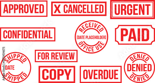 Collection of Red Office Rubber Stamp Vectors including Approved, Cancelled, Urgent, Confidential, Received, Paid, Shipped, For Review, Copy, Overdue, and Denied.