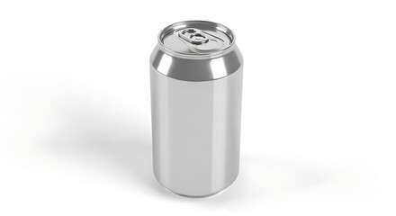 A single silver aluminum beverage can with a pull tab lid, standing upright on a white surface with a soft shadow, drink product mockups and