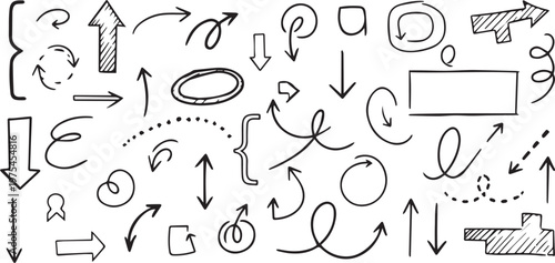 Title collection of hand drawn sketch arrows brackets and shapes in black and white description a diverse set of freehand style arrows brackets circles
