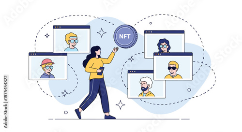 Woman walking past various digital avatar profile pictures on computer screens representing the modern concept of NFT and crypto collectibles.