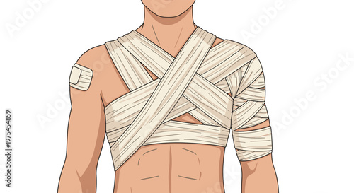 Illustration of a man chest and shoulder area wrapped in medical bandages for first aid treatment of an injury or wound.