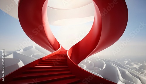 A red staircase with a unique curved design leads to a bright light in a snowy landscape