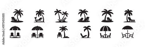 Set of beach vacation icons with palm trees, lounge chairs, and umbrellas