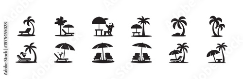 Set of tropical vacation icons featuring palm trees, lounge chairs, and beach umbrellas
