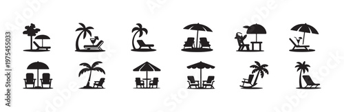 Collection of resort beach icons with palm trees, chairs, and parasols