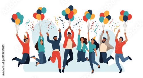 Large group of diverse happy people jumping for joy while holding colorful balloons and wearing party hats during a celebratory event.