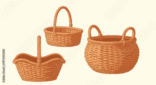 Collection of three differently shaped hand woven wicker baskets for carrying goods or home decoration isolated on a light cream background.