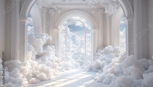 A serene and ethereal interior with white clouds and arched windows