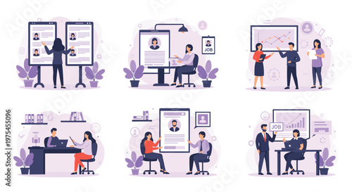 Set of six flat illustrations depicting professional people in different scenarios of job interviews, recruiting, and resume reviewing processes.